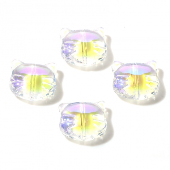 Picture of Lampwork Glass 3D Beads Cat Animal Clear AB Color About 14mm x 12mm, Hole: Approx 1mm, 50 PCs