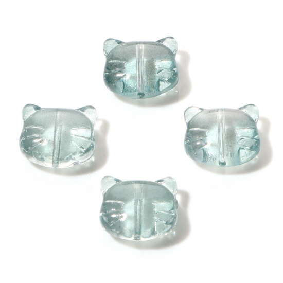 Picture of Lampwork Glass 3D Beads Cat Animal Sage Green About 14mm x 12mm, Hole: Approx 1mm, 50 PCs