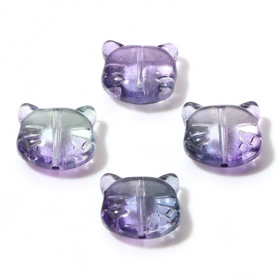ランプワークガラス ランプワーク 3D ビーズ 猫 紫+緑 約 14mm x 12mm、 穴：約 1mm、 50 個 の画像