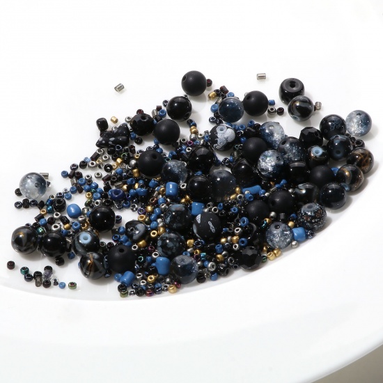 Bild von Runde Perlen aus Glas, Chip-Perlen, Rocailles, DIY-Set, Tintenblau, gemischt, ca. 8 mm Durchmesser. - 2 x 2 mm, Loch: ca. 1,2 mm, 1 Satz