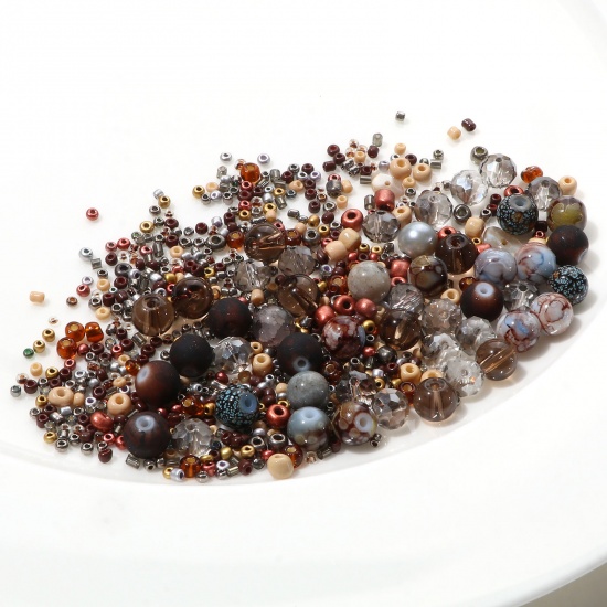 Bild von Runde Perlen aus Glas, Chip-Perlen, Rocailles, DIY-Set, dunkler Kaffee, gemischt, ca. 8 mm Durchmesser. - 2 x 2 mm, Loch: ca. 1,2 mm, 1 Satz