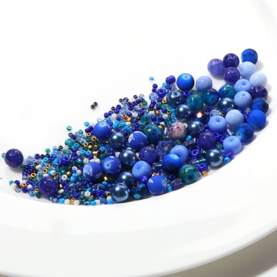 Bild von Runde Perlen aus Glas, Chip-Perlen, Rocailles, DIY-Set, Dunkelblau, gemischt, ca. 8 mm Durchmesser. - 2 x 2 mm, Loch: ca. 1,2 mm, 1 Satz