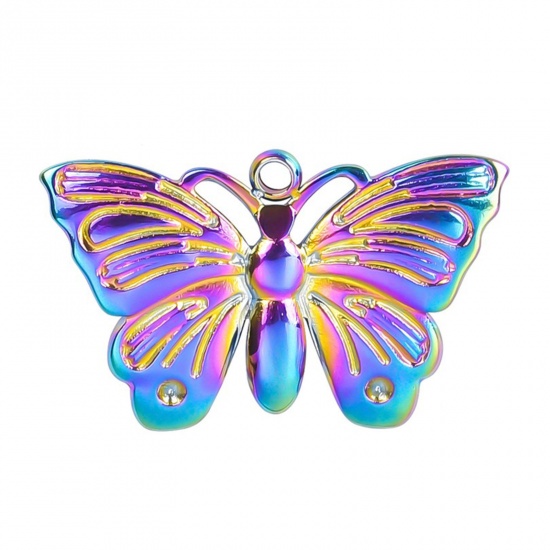 Imagen de Acero Inoxidable Insecto Colgantes Charms Mariposa Multicolor 22mm x 14mm, 2 Unidades