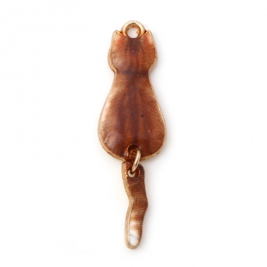 Bild von Zinklegierung Anhänger Katze Vergoldet Braun Emaille 3.5cm x 1cm, 10 Stück