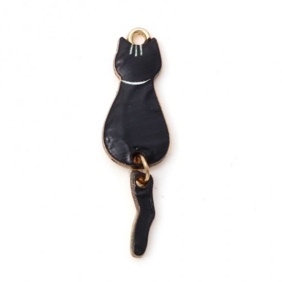 Bild von Zinklegierung Anhänger Katze Vergoldet Schwarz Emaille 3.5cm x 1cm, 10 Stück
