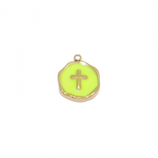 ステンレス鋼 宗教 チャーム 円形 金メッキ 緑 クロス エナメル 15mm x 12.5mm、 1 個 の画像