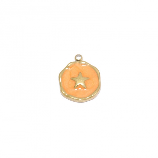 ステンレス鋼 チャーム 円形 金メッキ オレンジ色 五芒星 エナメル 15mm x 12.5mm、 1 個 の画像