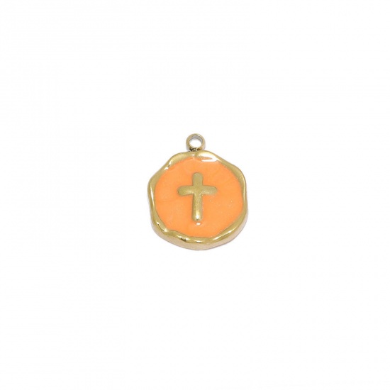 ステンレス鋼 宗教 チャーム 円形 金メッキ オレンジ色 クロス エナメル 15mm x 12.5mm、 1 個 の画像