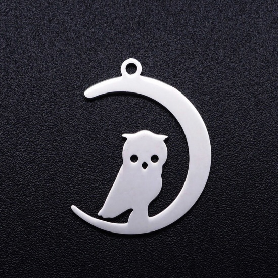 Stainless Steel Halloween Charms Silver Tone Half Moon Owl 23.5mm x 17.5mm, 5 PCs の画像