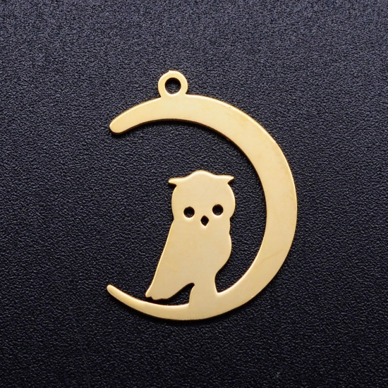 Stainless Steel Halloween Charms Gold Plated Half Moon Owl 23.5mm x 17.5mm, 5 PCs の画像