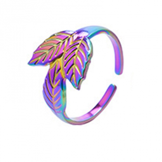 Immagine di Acciaio Inossidabile Stile Ins Aperto Regolabile Anello Multicolore Foglia 18.1mm (taglia di US: 8), 1 Pz