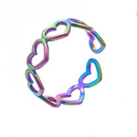 Immagine di Acciaio Inossidabile Stile Ins Aperto Regolabile Anello Multicolore Cuore Filigrana 18.1mm (taglia di US: 8), 1 Pz