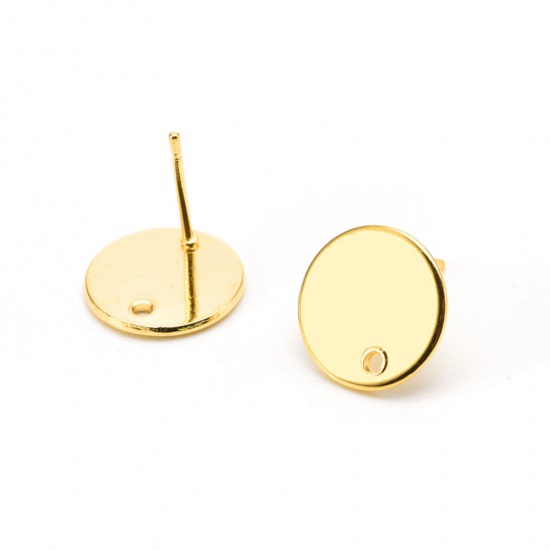 Immagine di Acciaio Inossidabile Stile Ins Orecchini a Perno Tondo Oro Placcato Con Loop 10mm Dia., Posta / Filo Dimensione: (20 misura), 1 Pz