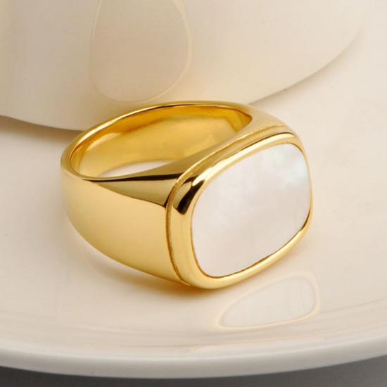 Immagine di Acciaio al titanio Stile Ins Non Regolabile Anello Oro Placcato Bianco Rettangolo Conchiglia Imitazione 16.5mm (taglia di US: 6), 1 Pz