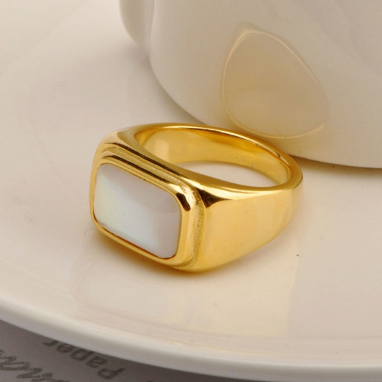 Immagine di Acciaio al titanio Stile Ins Non Regolabile Anello Oro Placcato Bianco Rettangolo Conchiglia Imitazione 17.3mm (taglia di US: 7), 1 Pz