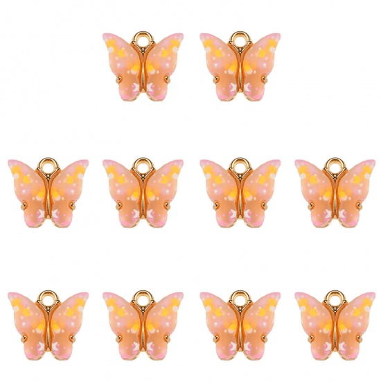 Immagine di Lega di Zinca + Acrilato Charms Farfalla Oro Placcato Arancione Paillettes 14mm x 12mm , 10 Pz