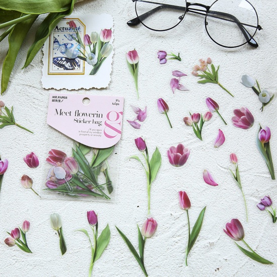 Immagine di 4# PVC Collezione Flora DIY Decorazione Di Scrapbook Adesivi Colore Fuscia Fiore del Tulipano 11cm x 7.5cm, 1 Serie ( 40 Pz/Serie)