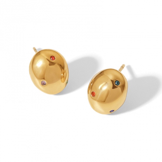 Immagine di 304 Acciaio Inossidabile Semplice Orecchini a Perno Placcato Oro 14k Ovale Multicolore Cubic Zirconiae 5mm x 4mm, 1 Paio
