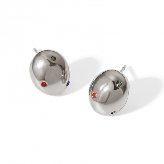 Immagine di 304 Acciaio Inossidabile Semplice Orecchini a Perno Tono Argento Ovale Multicolore Cubic Zirconiae 5mm x 4mm, 1 Paio