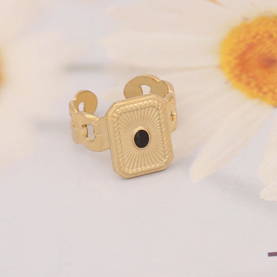 Bild von 304 Edelstahl Ins Stil Offen Verstellbar Ring Vergoldet Schwarz Rechteck Sonne Emaille 16.5mm（US Größe:6), 1 Stück