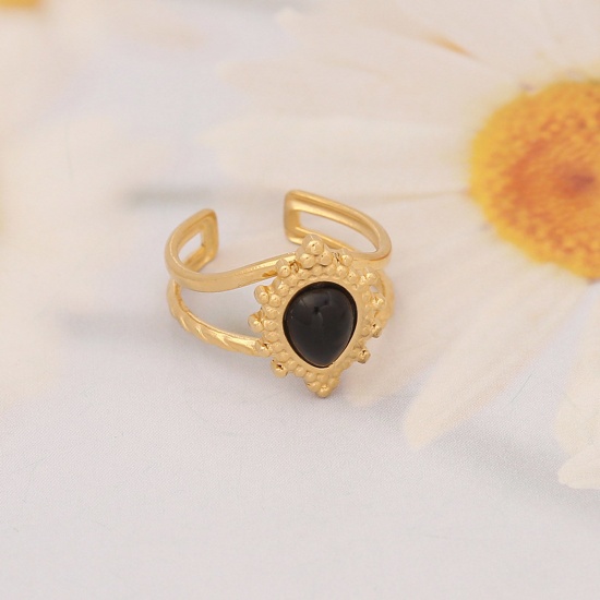 Bild von 304 Edelstahl Ins Stil Offen Verstellbar Ring Vergoldet Schwarz Tropfen Hohl 16.5mm（US Größe:6), 1 Stück