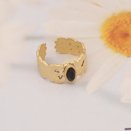 Bild von 304 Edelstahl Ins Stil Offen Verstellbar Ring Vergoldet Schwarz Oval 16.5mm（US Größe:6), 1 Stück