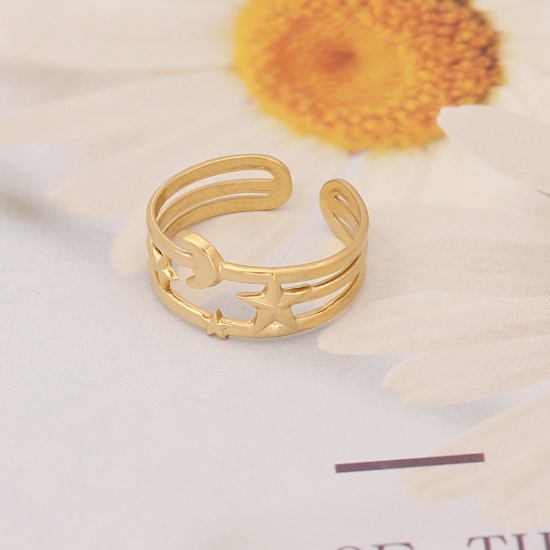 Bild von 304 Edelstahl Ins Stil Offen Verstellbar Ring Vergoldet Stern Mond Hohl 16.5mm（US Größe:6), 1 Stück