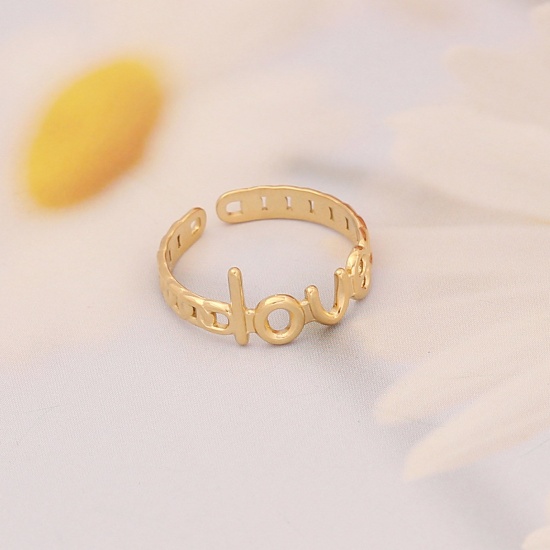 Bild von 304 Edelstahl Ins Stil Offen Verstellbar Ring Vergoldet Kleinbuchstabe Message " LOVE " Hohl 16.5mm（US Größe:6), 1 Stück