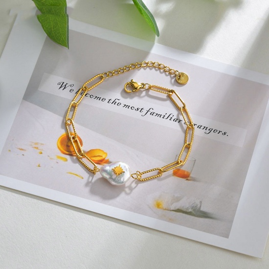 Immagine di 304 Acciaio Inossidabile Elegante Braccialetti Oro Placcato Stella Imitata Perla 18cm Lunghezza, 1 Pz