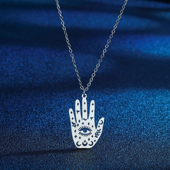 Bild von 304 Edelstahl Religiös Gliederkette Kette Halskette Silberfarbe Hamsa Symbol Hand Hohl 45cm lang, 1 Strang