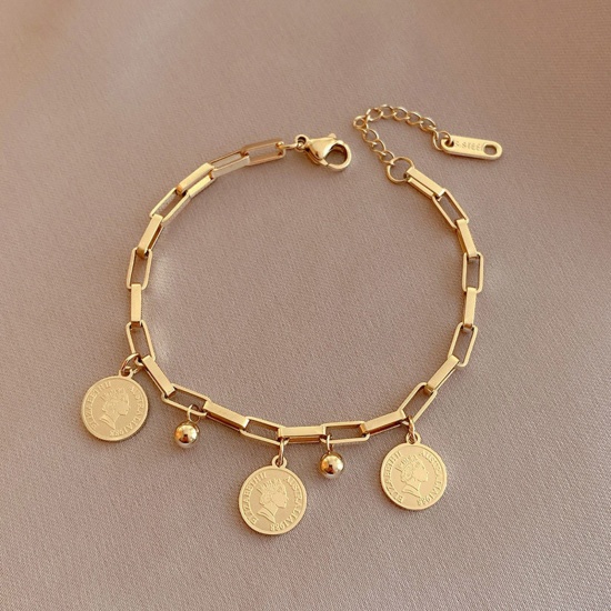 Picture of 304 Stainless Steel Stylish Link Cable Chain Bracelets Gold Plated Tassel Queen 18cm(7 1/8") long, 1 Piece