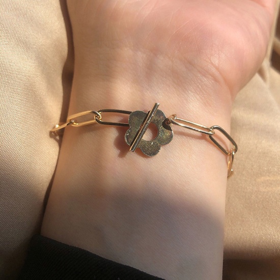 Picture of 304 Stainless Steel Stylish Link Cable Chain Bracelets Gold Plated Paper Clip Flower 17cm(6 6/8") long, 1 Piece