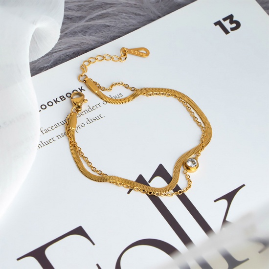 Picture of 304 Stainless Steel Stylish Snake Chain Multilayer Layered Necklace Gold Plated Clear Rhinestone 15cm(5 7/8") long, 1 Piece