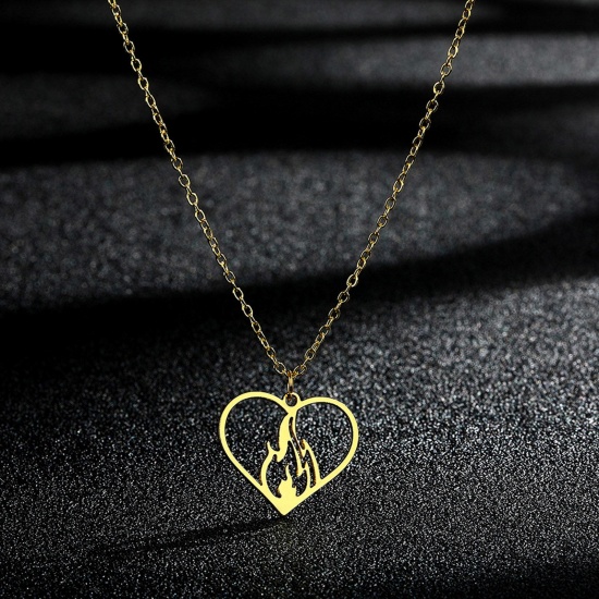 Bild von 304 Edelstahl Stilvoll Gliederkette Kette Halskette Vergoldet Herz Flammen Feuer Hohl 45cm lang, 1 Strang
