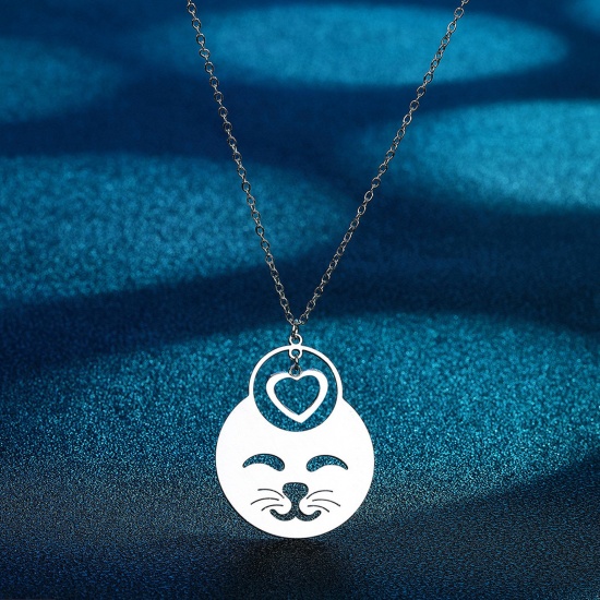 Bild von 304 Edelstahl Niedlich Gliederkette Kette Halskette Silberfarbe Katze Herz Hohl 45cm lang, 1 Strang
