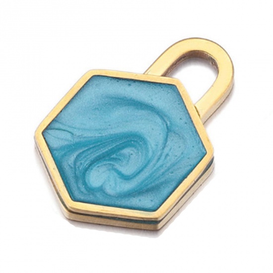 Immagine di 304 Acciaio Inossidabile Charms Esagono Oro Placcato Blu Smalto 20mm x 13mm, 1 Pz