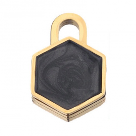 Immagine di 304 Acciaio Inossidabile Charms Esagono Oro Placcato Nero Smalto 20mm x 13mm, 1 Pz