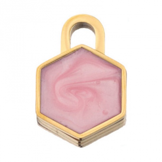 Immagine di 304 Acciaio Inossidabile Charms Esagono Oro Placcato Rosa Chiaro Smalto 20mm x 13mm, 1 Pz