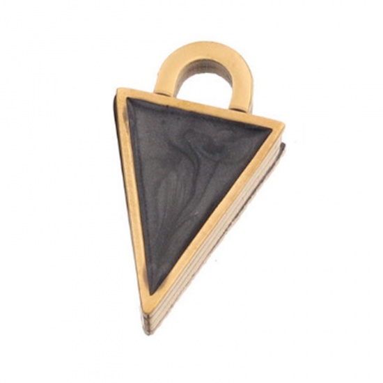 Immagine di 304 Acciaio Inossidabile Charms Triangolo Oro Placcato Nero Smalto 20mm x 11mm, 1 Pz