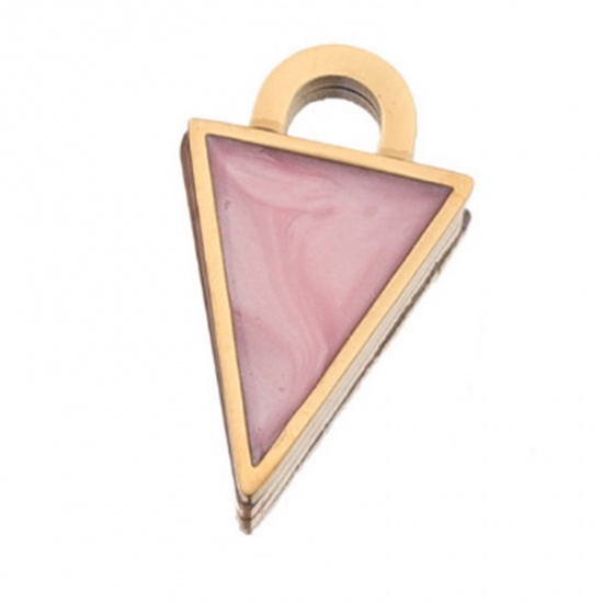 Immagine di 304 Acciaio Inossidabile Charms Triangolo Oro Placcato Rosa Chiaro Smalto 20mm x 11mm, 1 Pz