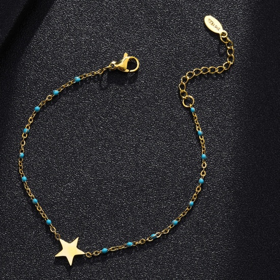 Bild von 304 Edelstahl Stilvoll Armband Vergoldet Azurblau Stern Emaille 18cm lang, 1 Strang
