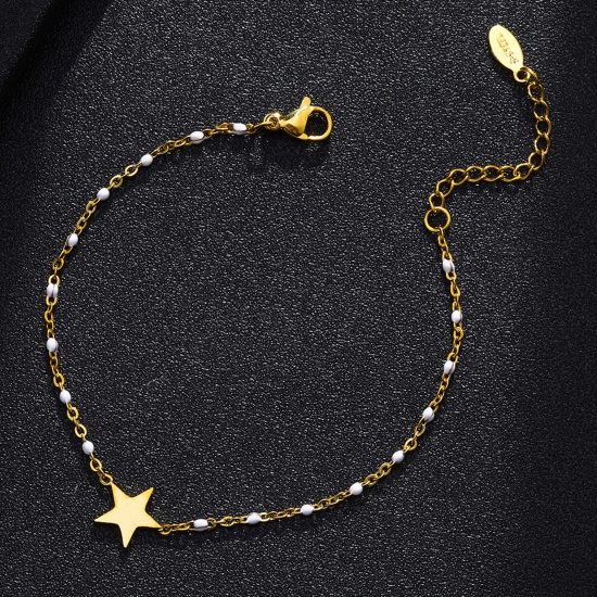 Bild von 304 Edelstahl Stilvoll Armband Vergoldet Weiß Stern Emaille 18cm lang, 1 Strang