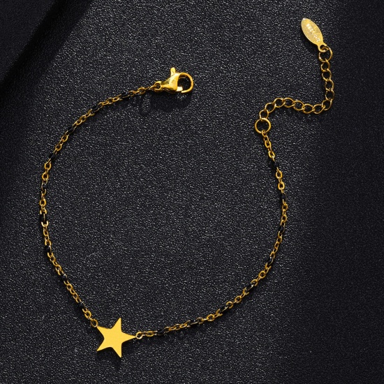 Bild von 304 Edelstahl Stilvoll Armband Vergoldet Schwarz Stern Emaille 18cm lang, 1 Strang