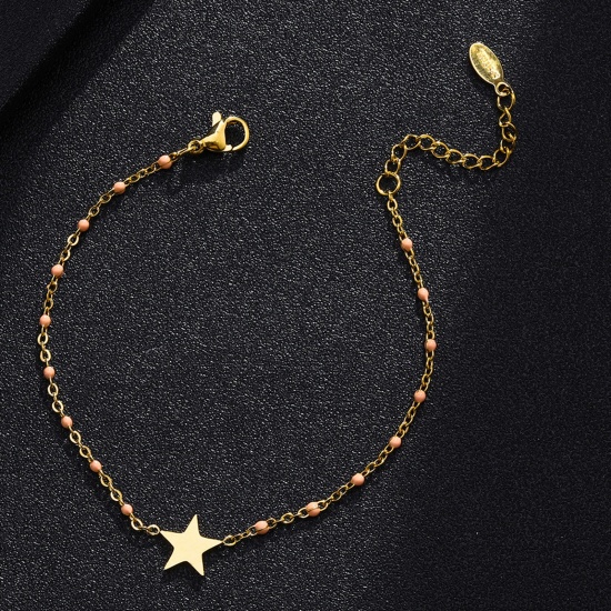 Bild von 304 Edelstahl Stilvoll Armband Vergoldet Hellrosa Stern Emaille 18cm lang, 1 Strang