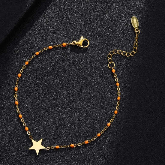 Bild von 304 Edelstahl Stilvoll Armband Vergoldet Orange Stern Emaille 18cm lang, 1 Strang