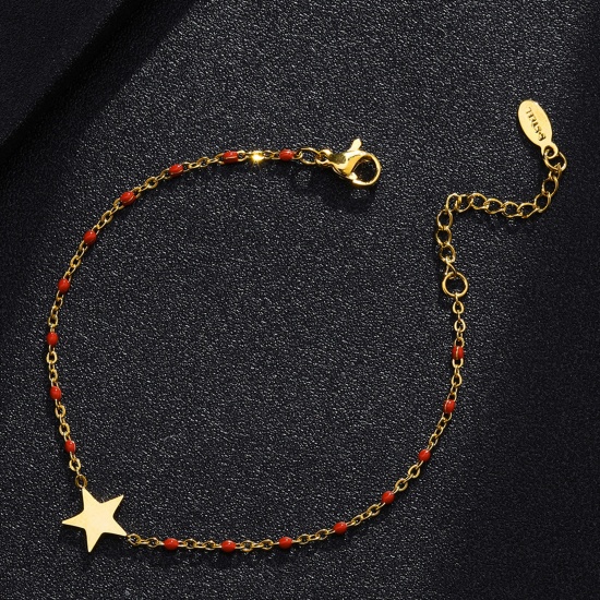 Bild von 304 Edelstahl Stilvoll Armband Vergoldet Rot Stern Emaille 18cm lang, 1 Strang