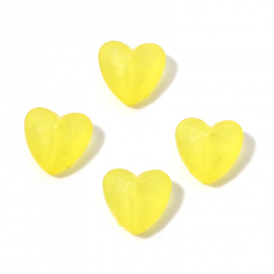 Picture of Acrylic Beads Yellow Transparent Heart Frosted About 13mm x 12mm, Hole: Approx 2mm, 1 Packet (Approx 100 PCs/Packet)