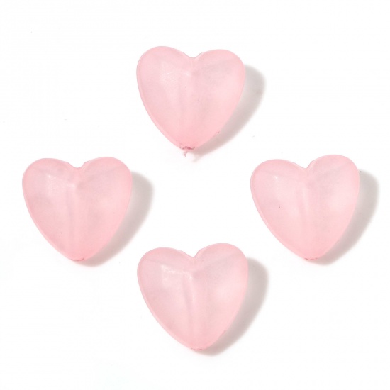 Picture of Acrylic Beads Pink Transparent Heart Frosted About 13mm x 12mm, Hole: Approx 2mm, 1 Packet (Approx 100 PCs/Packet)