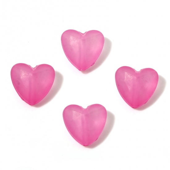 Picture of Acrylic Beads Fuchsia Transparent Heart Frosted About 13mm x 12mm, Hole: Approx 2mm, 1 Packet (Approx 100 PCs/Packet)