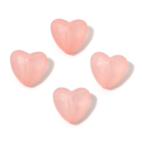 Picture of Acrylic Beads Baby Pink Transparent Heart Frosted About 13mm x 12mm, Hole: Approx 2mm, 1 Packet (Approx 100 PCs/Packet)